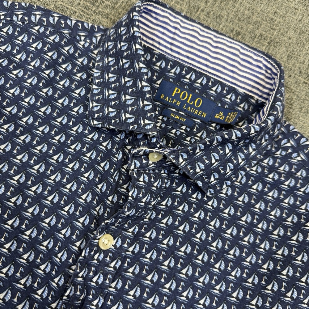 Polo Ralph Lauren Dress Shirt Mens 16/40-41 Slim Fit Blue Sailboat All Over